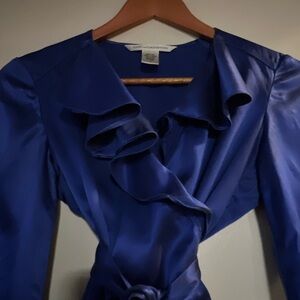 Diane Furstenberg , Chic Satin Blue Ruffle Blouse